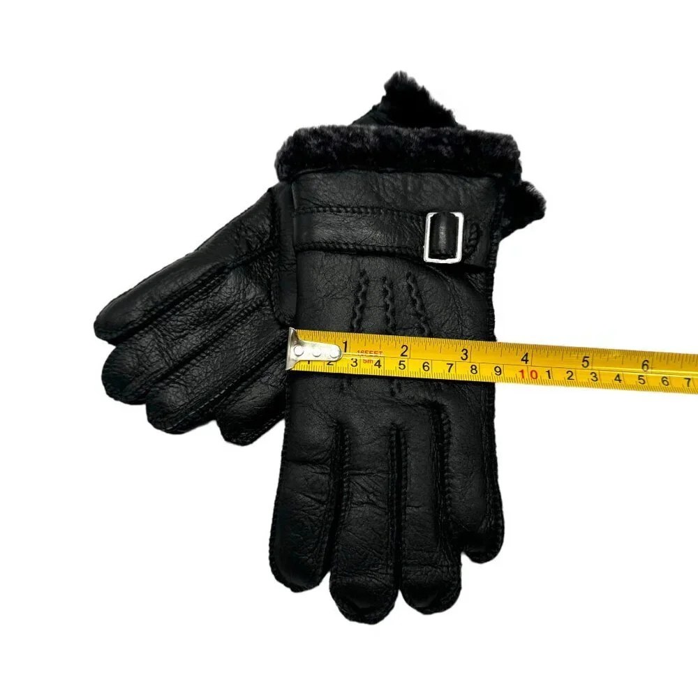 NWT Women’s Shearling Gloves Sz 7 Black Leather Sheepskin Fur Lining